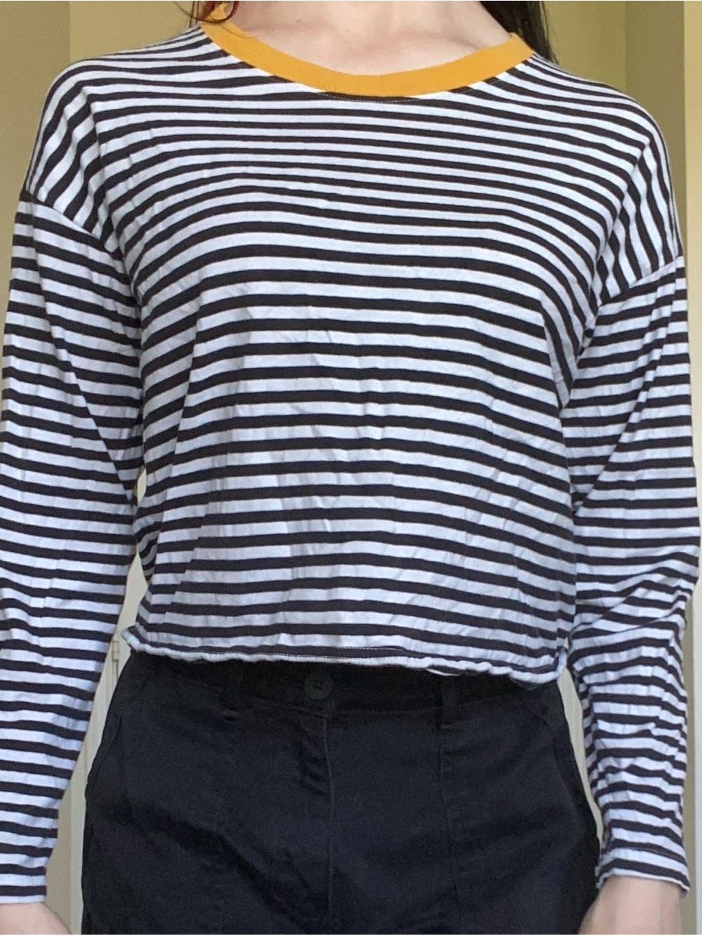 Forever 21 Black & White Striped Long-Sleeve Tee with Mustard Neckline